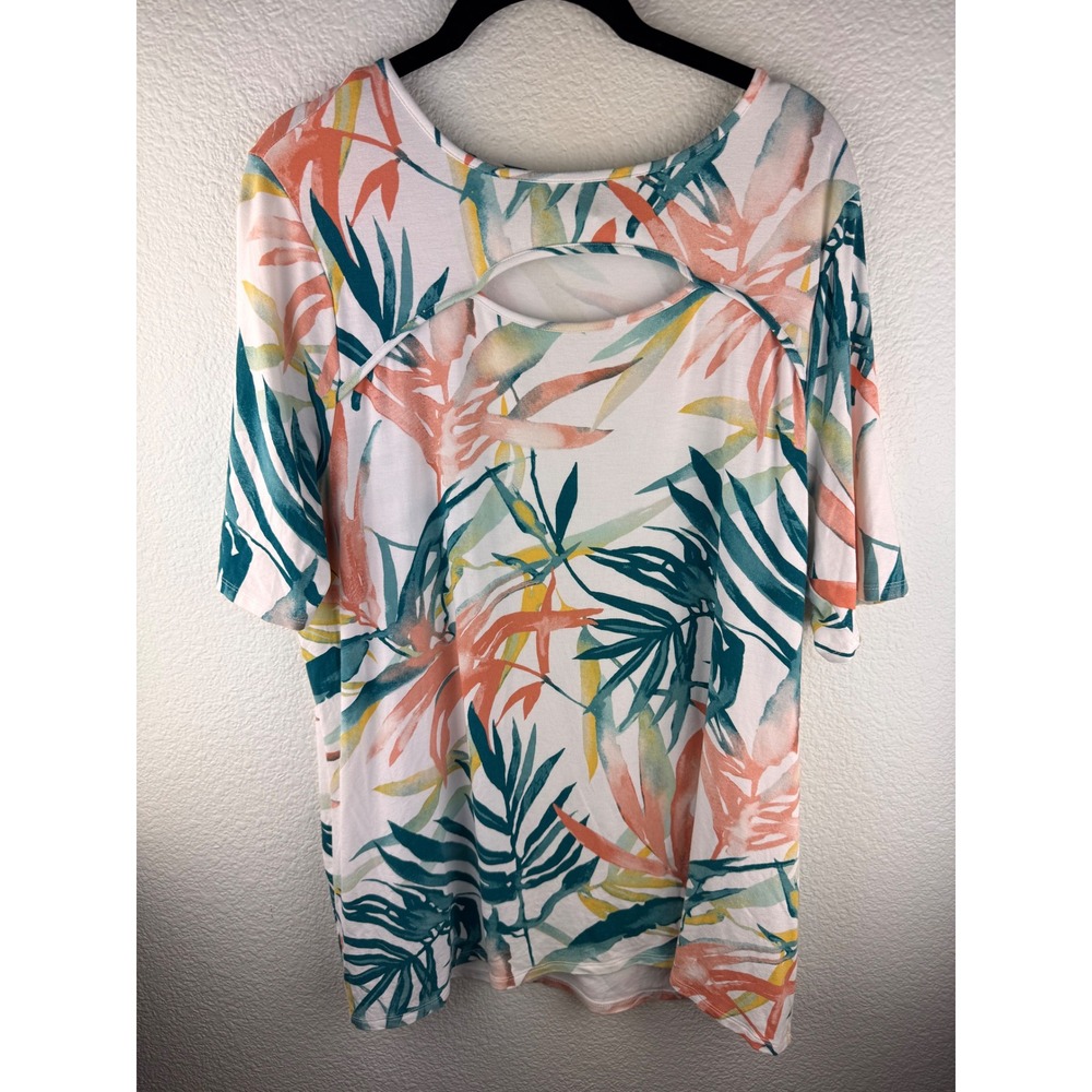 Chicos Tropical Leaf Print Cutout Back Tunic‎ Top Womens Size 2 12 L Resort